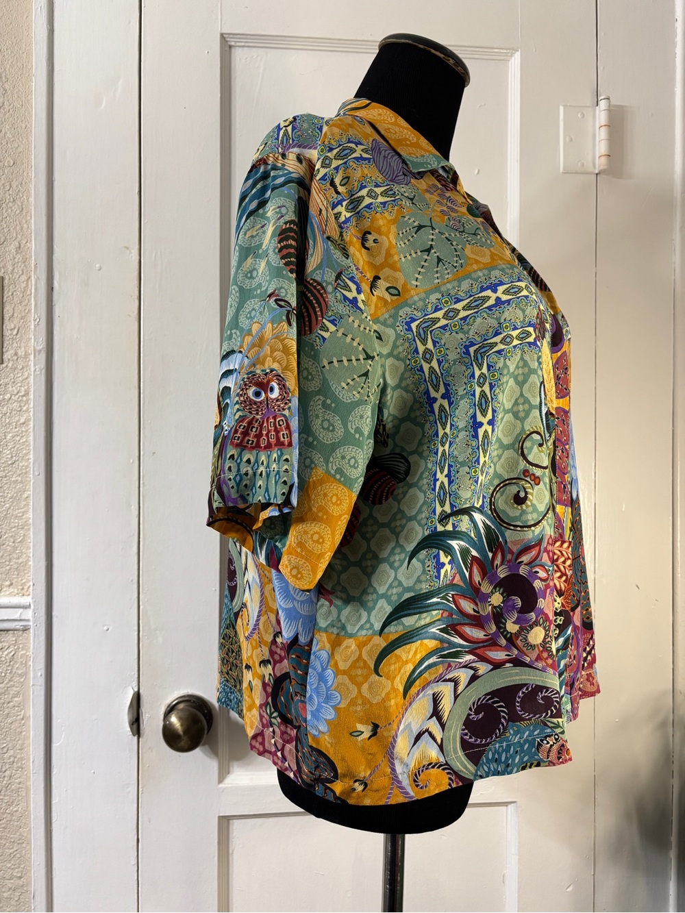 Johnny Was Vibrant Silk Patchwork & Owl Print Blouse - Picture 7 of 15